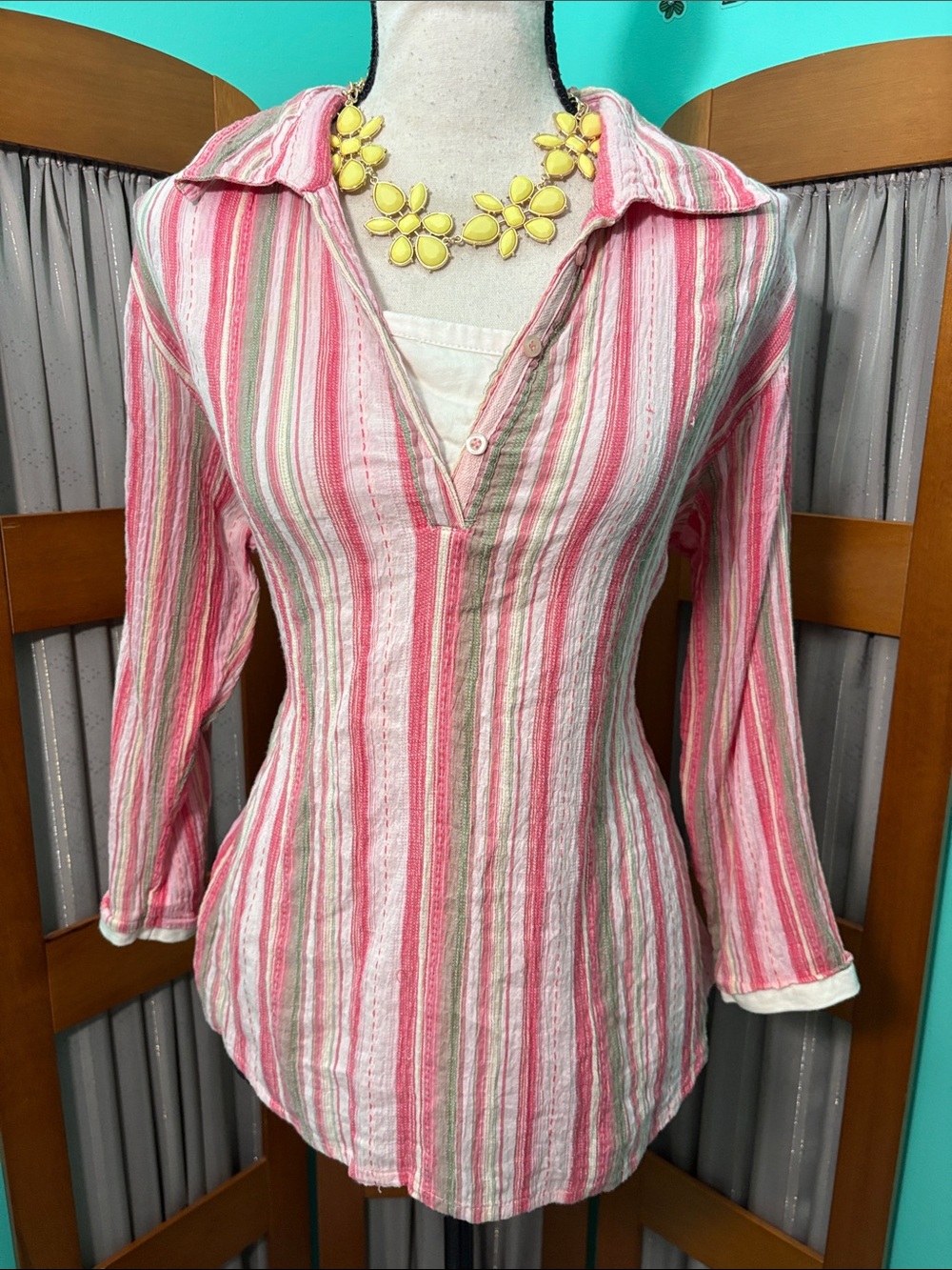 KEREN hart Pink & Cream Striped V-Neck Tunic with Collar
